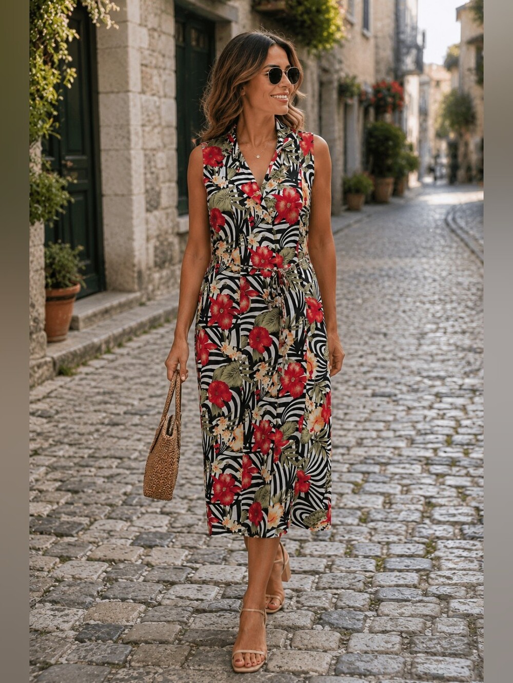 Daniel Laurent Sleeveless Button Front Zebra Tropical Vacation Midi Dress M